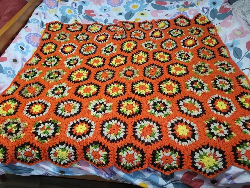 Vtg Granny 3D Flower Square Crochet Afghan Blanket Grannycore Handmade